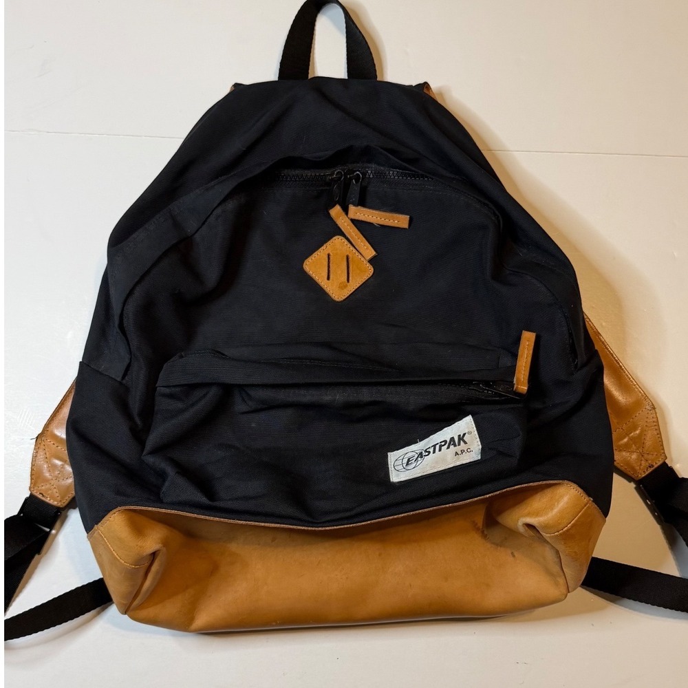 A.P.C. x Eastpak Backpack Black Tan Leather Canvas Laptop Sleeve Pocket Bag